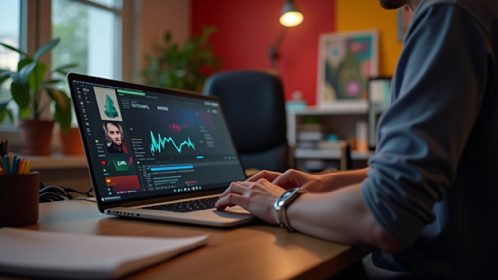 Criador de conteúdo animando gráficos em laptop profissional em estúdio criativo moderno