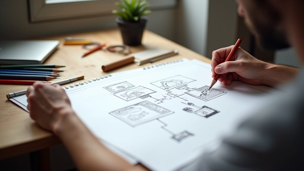 Artista criativo desenhando storyboard para animação em papel com lápis e borracha
