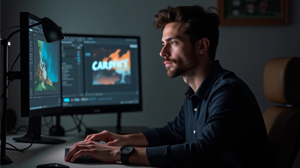 Designer criativo a trabalhar com software de animação, teclado e rato sobre secretária, ecrã mostrando timeline de projeto de animação
