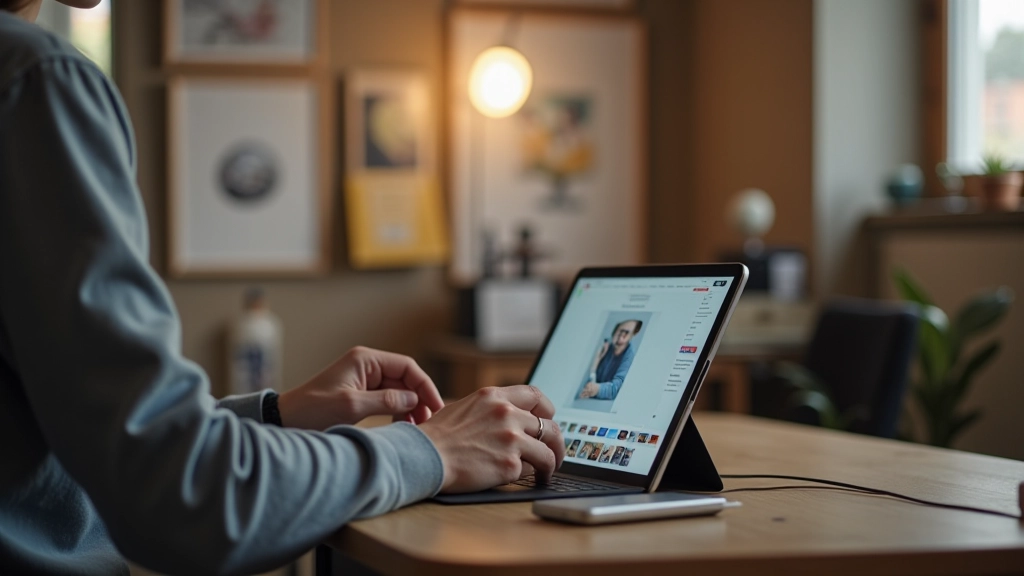 Designer trabalhando em tablet com software de animação, ambiente criativo com inspiração ao redor