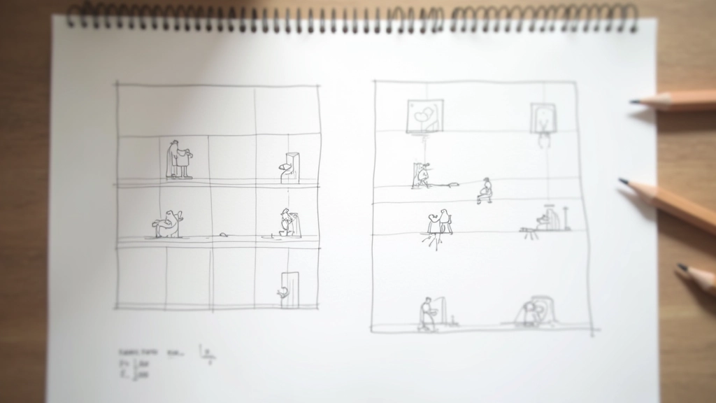 Esboço de storyboard de animação em papel com cenas desenhadas sequencialmente mostrando movimento de objeto