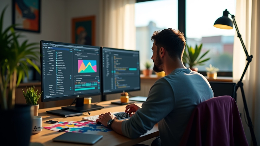 Espaço de trabalho moderno do estúdio de animação com computadores e ferramentas criativas