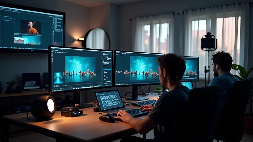 Estúdio criativo moderno com múltiplos monitores mostrando software de animação profissional